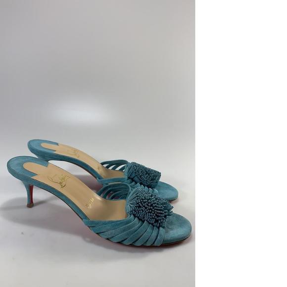 Belbrossa Noumea Aqua Blue 55mm Fringe Suede Kitten Heel Sandals D585 - Picture 3 of 12